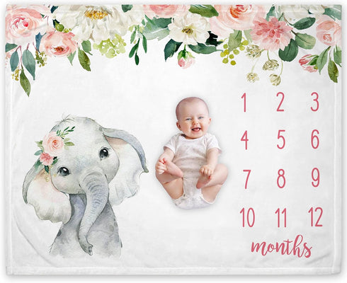 Floral Elephant Baby Monthly Milestone Blanket, Jungle Elephant Girl's Soft Fleece Monthly Milestone Blanket , Girl Elephant Nursery Infant Newbor...