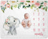 Floral Elephant Baby Monthly Milestone Blanket, Jungle Elephant Girl's Soft Fleece Monthly Milestone Blanket , Girl Elephant Nursery Infant Newbor...
