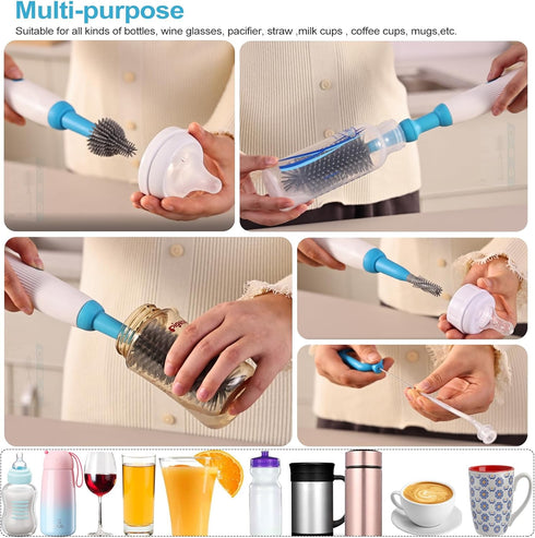 Electric Bottle Brush Cleaner Set, Baby Bottle Brush Cleaning with Rechargeable?Waterproof Replaceable Nipple and Straw Silicone Brush Blue...