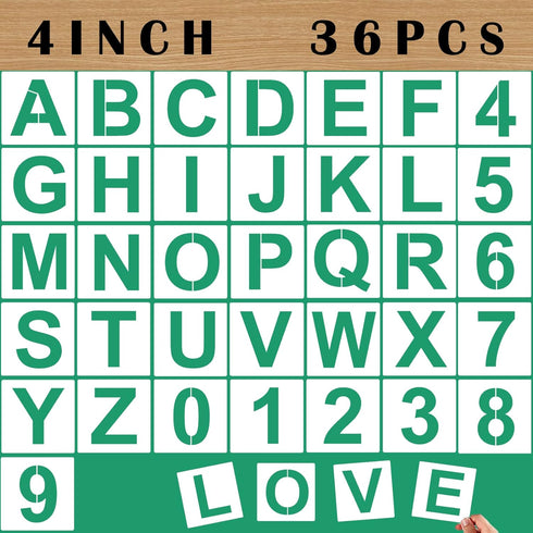 4'' Letter Stencils and Numbers Reusable Plastic, 36 Pcs Alphabet Art Craft Stencils, Number Symbol Templates Letter Stencils for Wood, Wall, Scri...