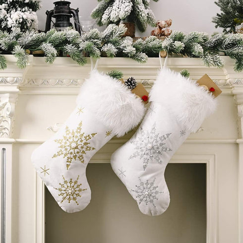 Comfy Hour Let It Snow Collection 18"x11" Christmas Winter Snowflake Stocking, Soft Plush Velvet Snowflake Embroidery Stocking, White and Gold, Po...