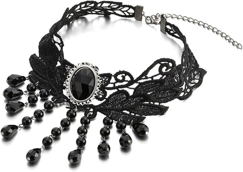 COOLSTEELANDBEYOND Gothic Victorian Nostalgic Black Lace Choker Necklace with Dangling Black Bead Charms Link Chain...