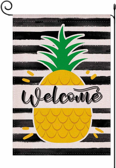 Welcome Summer Pineapple Stripes Garden Flag,Hello Summer Cute Double Sided Seasonal Burlap Flag for Yard Lawn Outdoor Decor 12.5x18 inch...