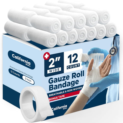 California Basics 12-Pack Gauze Bandage Roll with Tape, 2 Inches x 4 Yards - Soft, Stretchable & Breathable Wrap for Wound Care, First Aid & Medic...