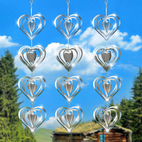 12 Metal Heart Bird Scarer Discs Set, Wind Spinners 3D Helix Reflector Stainless Steel Sparkly Outdoor Garden Decor, Scare Birds & Animals Away fr...