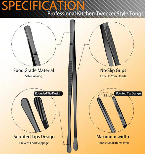 JETKONG 6 Pcs Cooking Tweezer Tongs, 12'' and 6.3" Stainless Steel Kitchen Tweezer Set, Professional Chef Tweezers for Cooking, Repairing, Sea Foo...