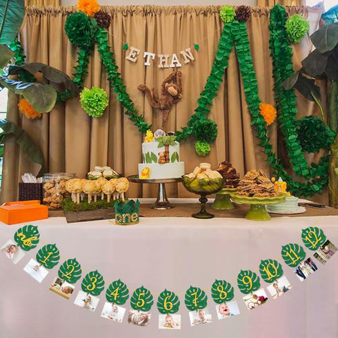 MATTTIME Tropical 12 Month Leaf Banner 1st Birthday Glitter Jungle Safari Wild One Monthly Photo Prop Zoo Party Decoration...