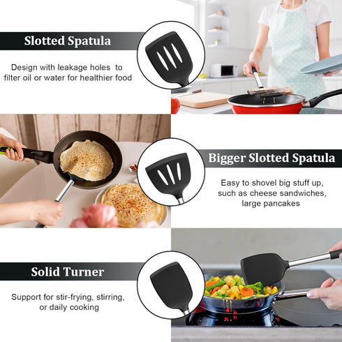 P&P CHEF Black Cooking Utensil Set of 3, Silicone Kitchen Utensils, Slotted & Solid Spatula Turners for Flipping Stir-Frying, Nonstick & Heat Proo...