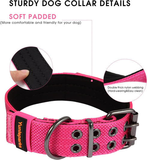 Tactical Dog Collar for Medium Large Dogs,Heavy Duty Metal Buckle Dog Collar,Soft Neoprene Padded Dog Collar,Nylon Wide Dog Collar(X-Large, Pink)...