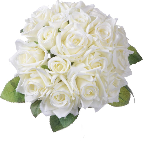 Artificial Flowers Rose Bouquet 2 Pack Fake Flowers Silk Plastic Artificial White Roses 18 Heads Bridal Wedding Bouquet for Home Garden Party Wedd...