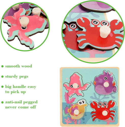 Wooden Peg Puzzles for Toddlers 1-3, Kids' Educational Preschool Peg Puzzle Toy, Set of 4 Toddler Puzzles - Farm, Dinosaur, Fruit and Marine Anima...