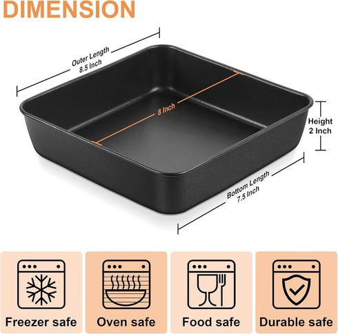 E-far 8x8 Baking Pan, Nonstick Square Cake Pan with Stainless Steel Core, Black Metal Bakeware for Brownies Lasagna Cakes, Non-toxic & Easy Clean,...