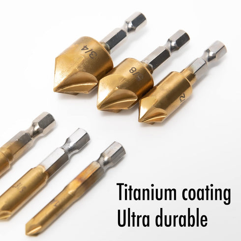 6 Pcs Countersink Drill Bit Set with Case 1/4'' Hex Shank HCS 5 Flute Countersink 90 Degree Center Punch Tool Sets for Wood, Quick Change Bit 1/4”...