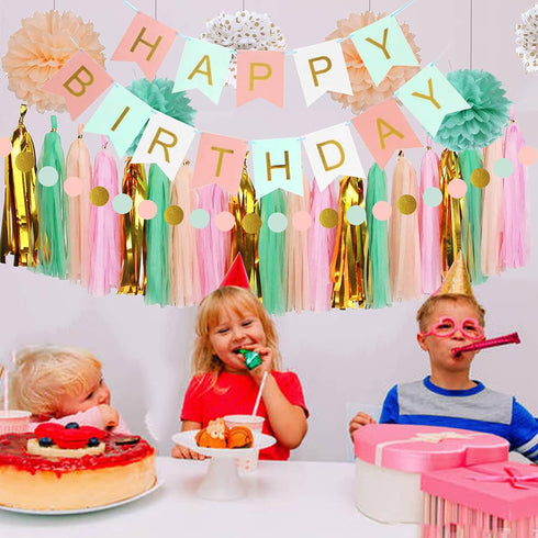 Mint Peach Birthday Party Decorations, Happy Birthday Decoration Set with BDAY Banner Pom Poms Circle Dot Garland and Tassel Garland for Women Gri...