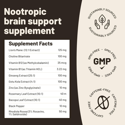 Lions Mane Supplement Capsules - Nootropic Brain Support Supplement, Lions Mane Extract - 120 Vegan Bacopa Monnieri, Gotu Kola, Ginseng Capsules -...
