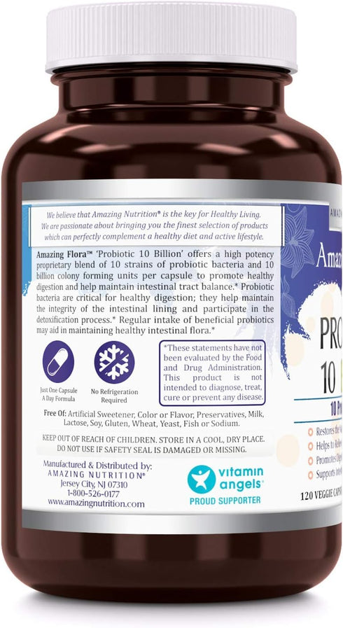 Amazing Flora Probiotic 10 Best Probiotics Strains, Veggie Capsules -Including Acidophilus, plantarum, rhamnosus etc * Supports Digestive & Immune...