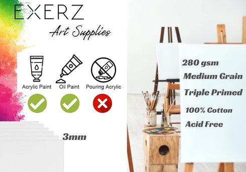 Exerz 20x25cm/8x10inch Canvas Panels 12pcs 280GSM/ Artist Canvas Board 100% Cotton 0.3cm/0.1inch Thinkness/Blank/Triple Primed/Acid Free/Medium Gr...