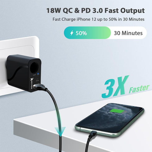 RoyPow AC to DC Converter, 110V/120V to12V Converter, 36W USB C Charger with Car Cigarette Lighter Socket, 3-Ports Wall Charger 18W PD3.0 Travel P...