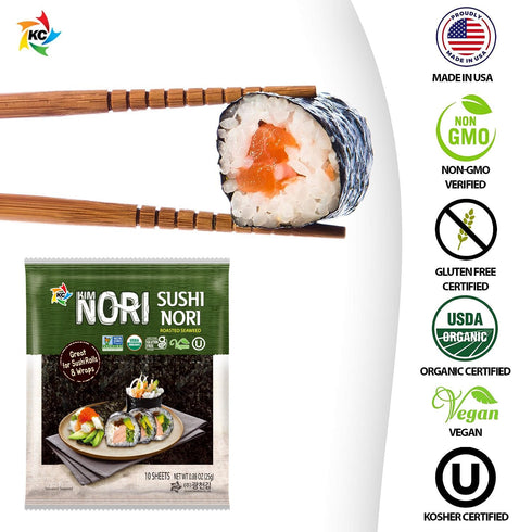 KIMNORI Sushi Nori Seaweed Sheets – 10 Full Size USDA Organic Yaki Roasted Rolls Wraps Snack 100% Natural Laver Gluten Free No MSG Non GMO Vegan K...