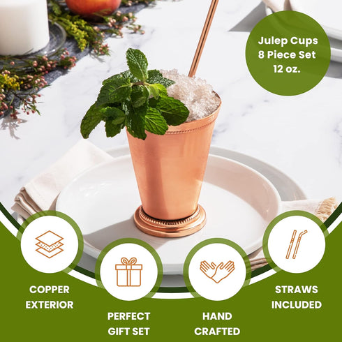 Sol Living Mint Julep Cups Set of 4, 12 oz Stainless Steel Lining Copper Cups Handcrafted Kentucky Derby Cups Barware Set for Cocktails Mixed Drin...