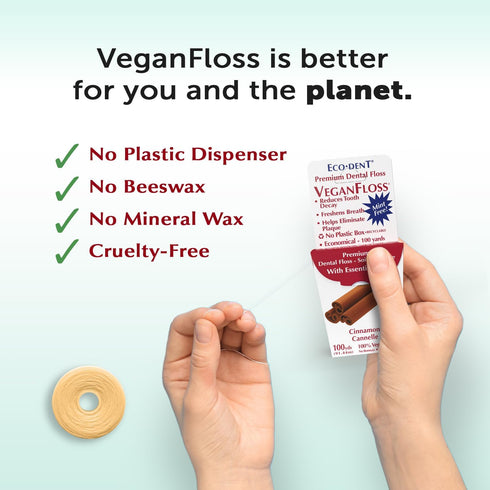 Eco-Dent VeganFloss Dental Floss, Waxed, Cinnamon - Floss with Vegan Plant-Based Wax, Recyclable Cardboard Packaging, 100 Yds (Pack of 6)...
