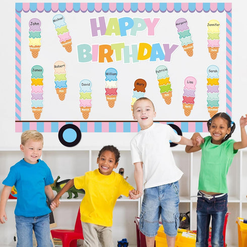 99Pcs Summer Ice Cream Birthday Bulletin Board Set Classroom Happy Birthday Chart Cutouts Name Plates Decoration for Calendars Bulletin Boards Wal...
