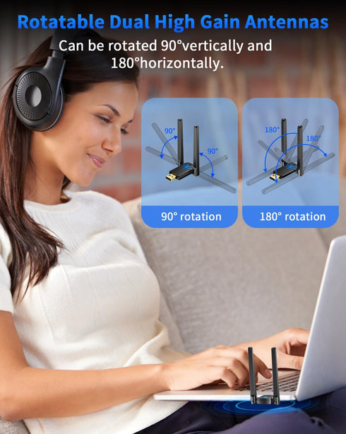 ZEXMTE Long Range USB Bluetooth Adapter for PC 5.4 USB Bluetooth Dongle with High Gain Antenna, Wireless Bluetooth Receiver 590FT / 180M, Plug &Pl...