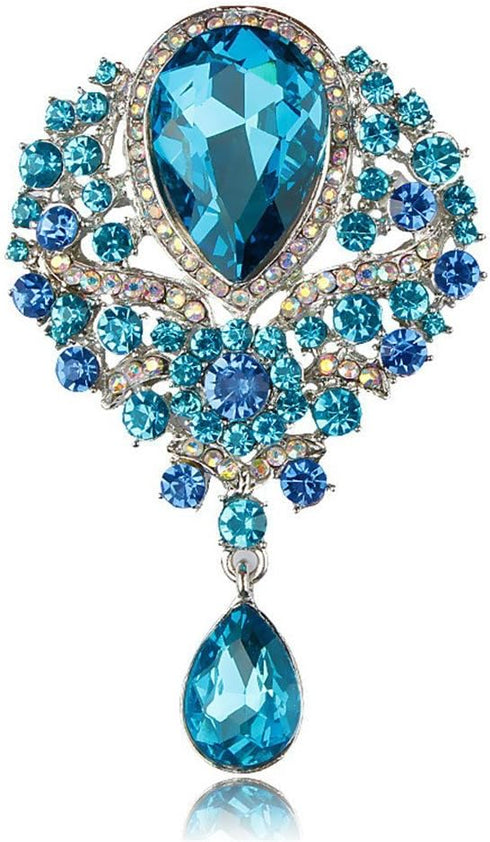 Women's Crystal Silver-Tone Bouquet Flower Teardrop Large Gorgeous Bouquet Brooch Pin (light blue)...