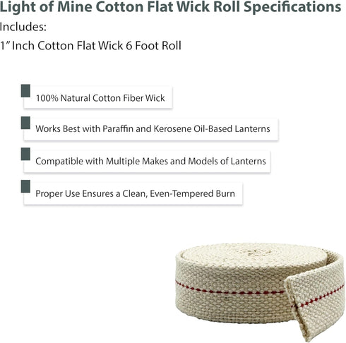 Light of Mine - 1" Inch 6' Foot, 100% Cotton Flat Wick for Paraffin Oil, Kerosene Based Lanterns, and Oil Lamps with Genuine Red Stitch (1" - 6' R...
