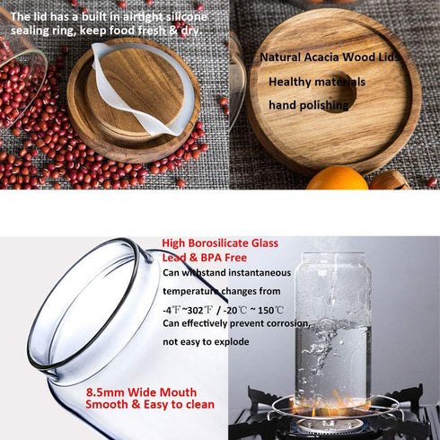 Glass Storage Jar with Wood Lids, Airtight Sealed Clear Borosilicate Glass Canister Kitchen Food Storage Containers for Coffee Beans Loose Tea Nut...
