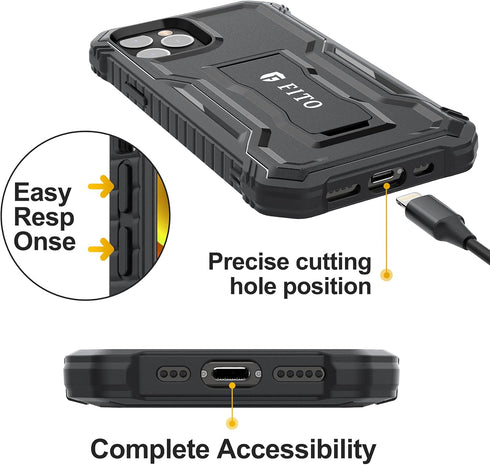 FITO Case for iPhone 12 & iPhone 12 Pro, Dual Layer Shockproof Heavy Duty Case with Screen Protector, Built-in Kickstand (Black, 6.1 inch)...