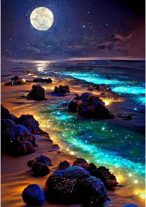 ZQEATRY 5D Beach Diamond Art Kits for Adults, Moon Starry Sky Landscape Diamond Art Kits for Beginners, DIY Full Drill Diamond Dots Paint with Gem...