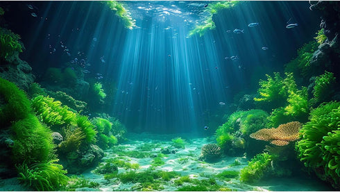 Aquarium Background Undersea Soft Algae Coral Reef Terrarium Background Sunlight Rays on Seabed Sandy Backdrop Underwater Plants Moss Fish Tank Ba...