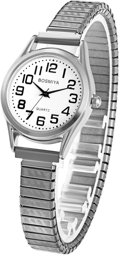 Womens Watch Ladies Wristwatch: Women Silver Stretch Band White Dial Thin Watch Girls Eazy Reader Waterproof Watch Elderly Wrist Watch Mujer Reloj...