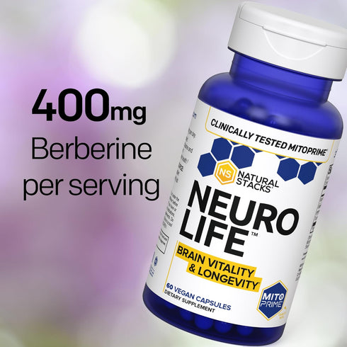 NEUROLIFE Brain Supplement for Cognitive Vitality - Longevity Support w/Taurine 500mg - Clinically Tested MitoPrime L-Ergothioneine - Berberine fo...