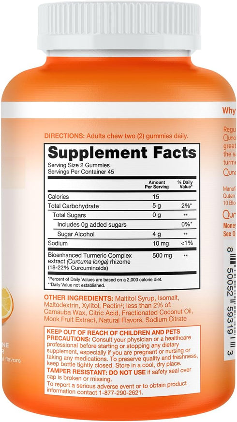 Qunol Zero Sugar Turmeric Gummies, Gummy with 500mg Turmeric Curcumin, Joint Support Supplement, Ultra High Absorption Tumeric Curcumin, Vegetaria...