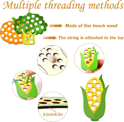 6 Pcs Lacing Toy Toddlers, Vegetable Wooden Threading Toys, Educational and Learning Montessori Activity Baby and Kids, Fine Motor Skill Toys, Pum...