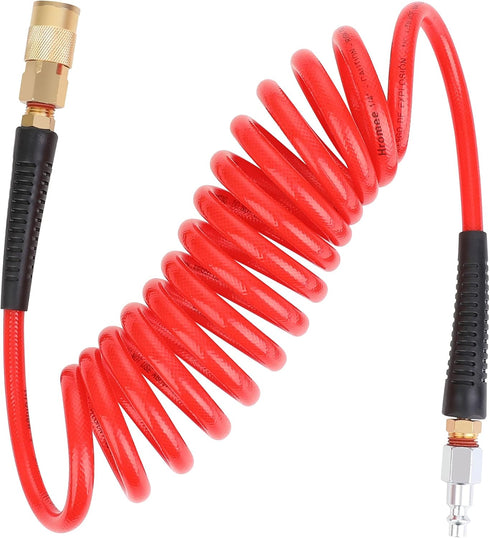 Hromee 1/4-Inch x 10ft Polyurethane Recoil Air Hose with Fittings Compressor Hose with 1/4 in. Industrial NPT Coupler and Plug Kit, Red...