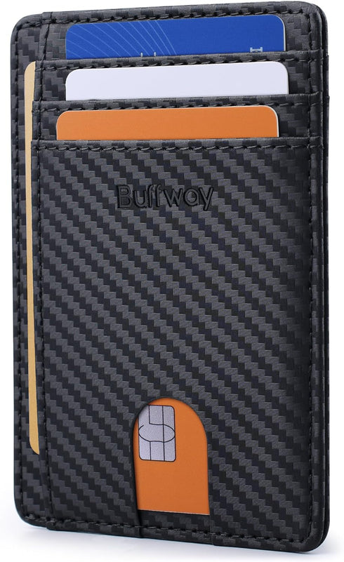 Buffway Slim Minimalist Front Pocket RFID Blocking Leather Wallets for Men and Women - Carbon Fiber Black...