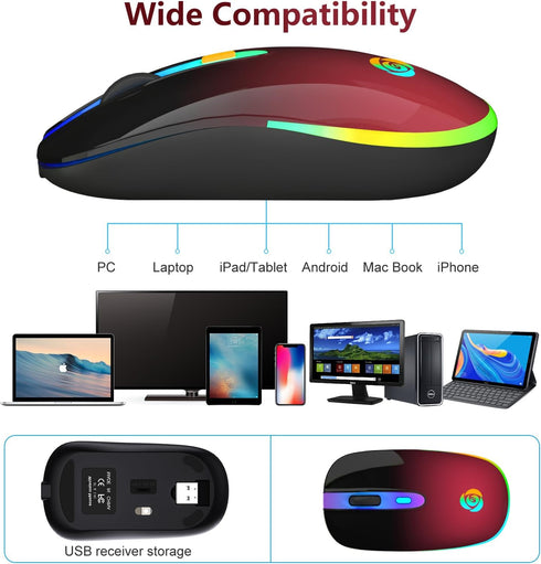 HOTLIFE Bluetooth Wireless Mouse, LED Rechargeable Slient Mouse with Dual Modes (Bluetooth 5.1+ USB C) 2.4GHz Computer Wireless Mouse for Laptop, ...