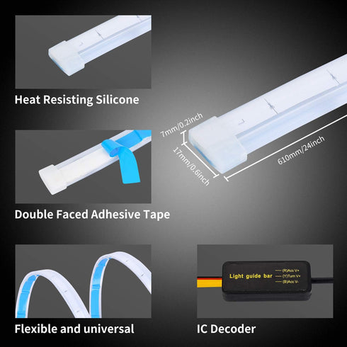 Flexible Car Led Light Strip, Dual Color 2 Pcs 24 Inches DRL LED Headlight Surface Strip Tube Light Daytime Running White & Amber Waterproof Switc...