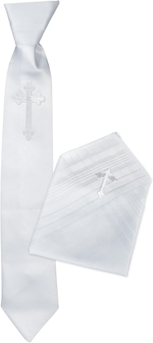 Boys First Holy Communion Tie and Hanky Set with Cross– Pre-tied White Tie and Folded Handkerchief Embroidered with the Cross for 1st Communion, B...