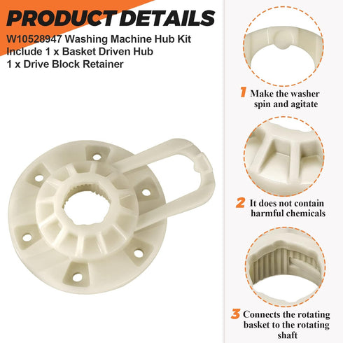 Upgraded W10528947 Washer Basket Driven Hub Kit by Beaquicy - Replacement for Whirl-pool Ken-more May-tag Washers - Replaces W10396887 AP5665171 mvwc360aw0 mvwx655dw0 mvwc555dw1 wtw5000dw1 mvwc465hw2