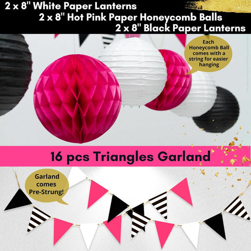 Hot Pink and Black Birthday Decorations for Women, Hot Pink and Black Party Decorations - Happy Birthday Banner Garland, Paper Decor, Balloons, Ca...