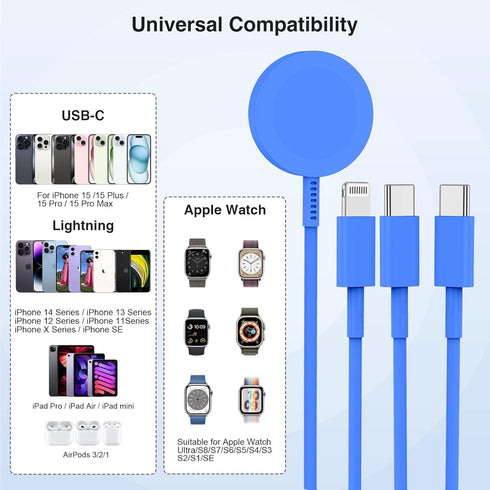 Apple Watch Charger Cable, USB C Magnetic Watch Charging Cable, 3 in 1 Apple iWatch Charging Cable 6 FT, Compatible with Apple Watch Series 9/8/7/...