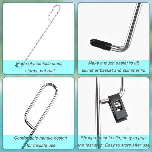 Swimming Pool Skimmer Basket Hook - Stainless Steel Skimmer Basket & Lid Removal Handle Tool with Pool Test Strip Clips for Debris Removal, Easily...