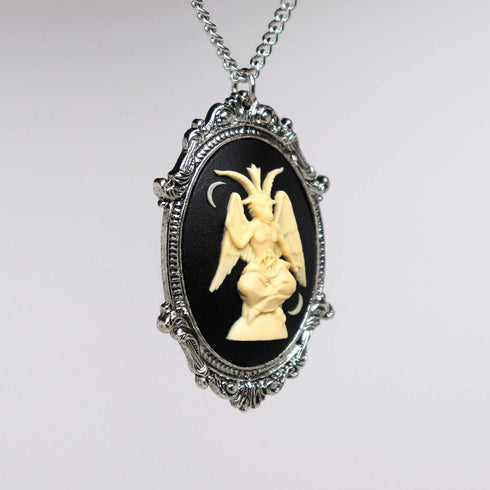 Sitting Satanic Baphomet Cameo In Silver Finish Frame Necklace Pendant Ivory on Black...