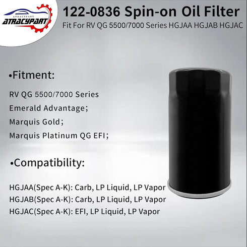 122-0836 Oil Filter ?Replacement For RV QG 5500/7000 Series HGJAA HGJAB HGJAC Spin-on ?Replaces# 01220836, B7238, PH2875, PH10027...