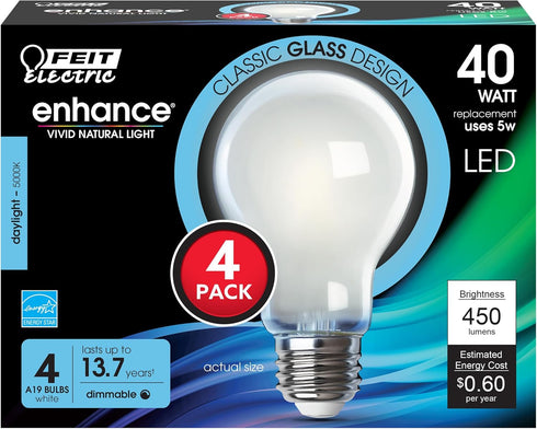 Feit Electric A19 LED Filament Light Bulbs, 40W Equivalent, Dimmable, E26 Standard Base, 450 Lumens, 5000K Daylight, 13 Years Lifetime, Frosted Wh...