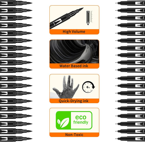 Black Drawing Pens, 12 Pack Felt Tip Markers for Adults and Kids, Dual Tip Brush Fineliners Pens for Art Drawing Sketching...